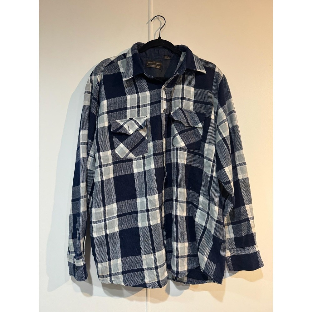 Vintage Sears Shirt Mens XLT Blue Plaid Flannel Lined Perma-Prest Workwear 80s